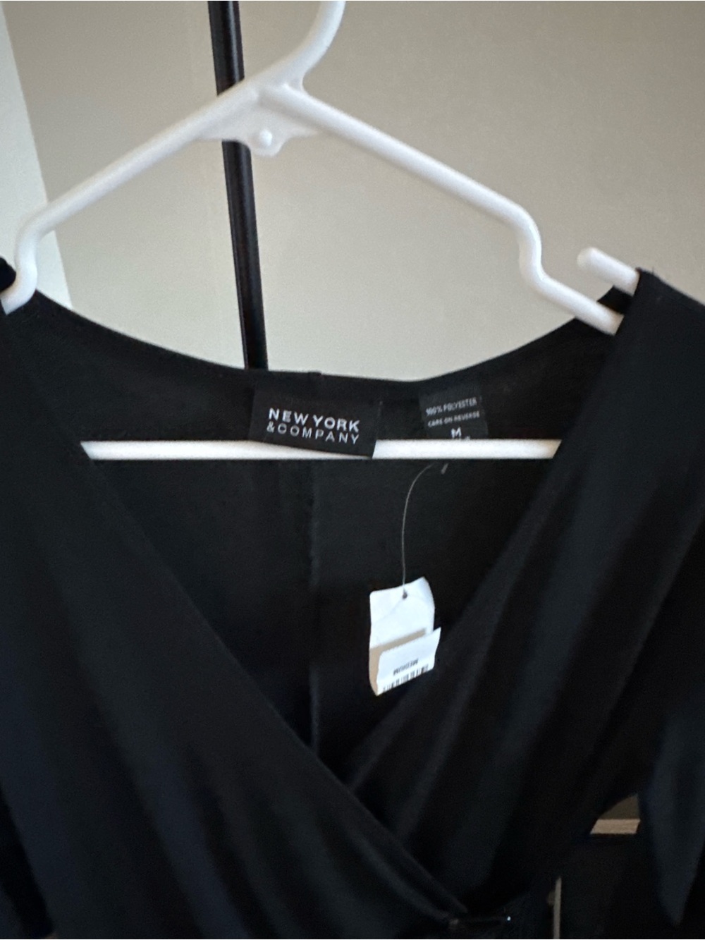 New York & Company Black Faux Wrap Buckle Dress | Size Medium | Stretch Knit - Picture 5 of 7